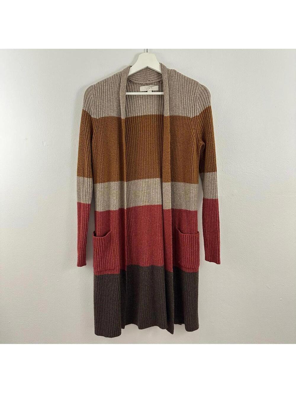 LOFT Colorblock Ribbed Pocket Open Cardigan Women's Size XS